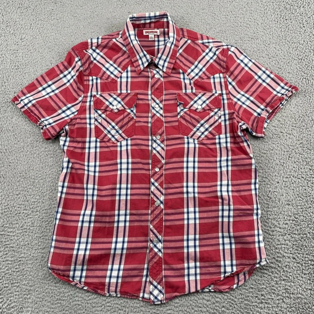 True Religion Shirt Mens Large Red Plaid Western Snap Button Horseshoe Pockets